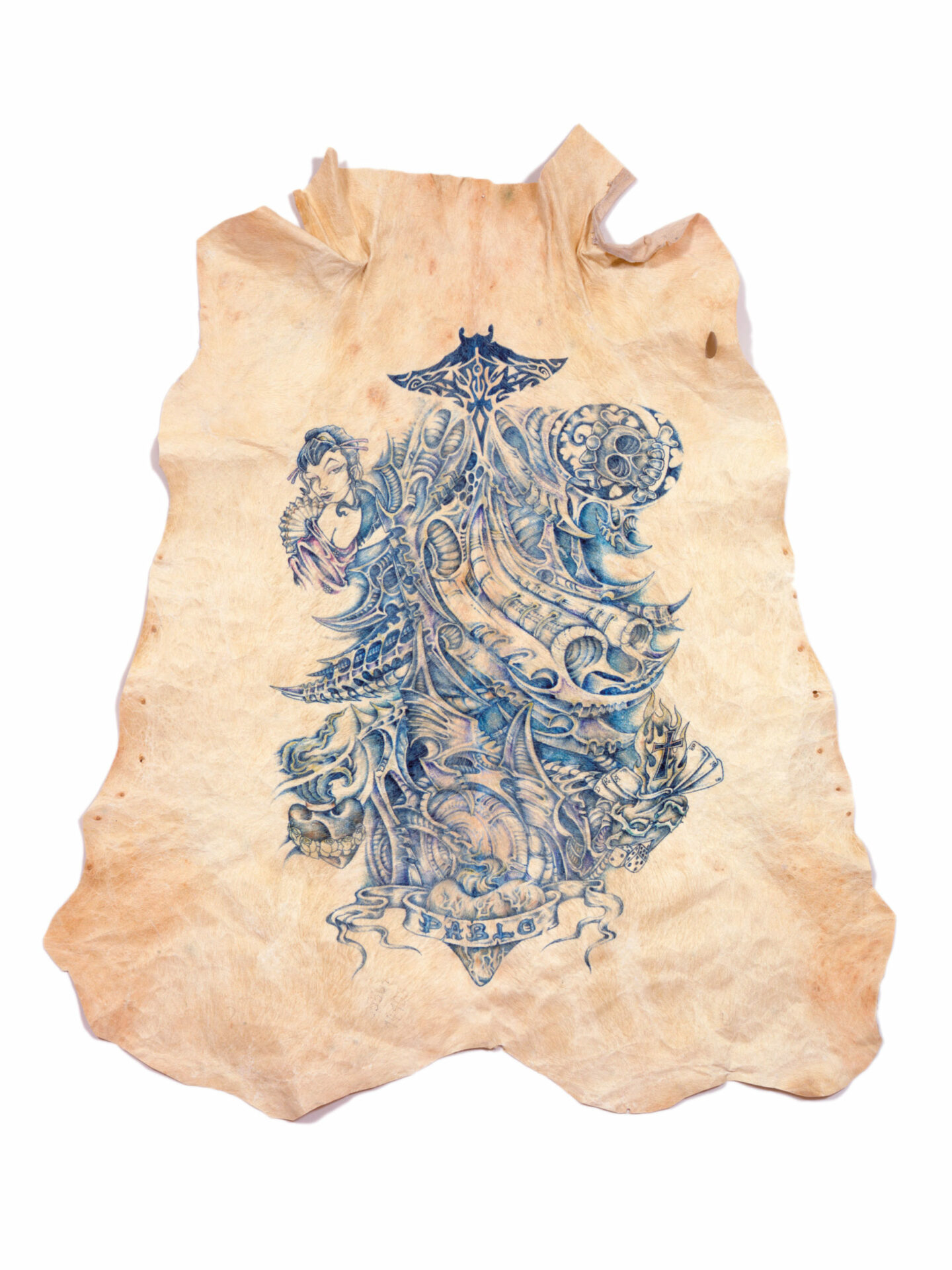 2005, Tattooed Pigskin, 113 x 139 cm (vel), 175 x 150 cm (box)